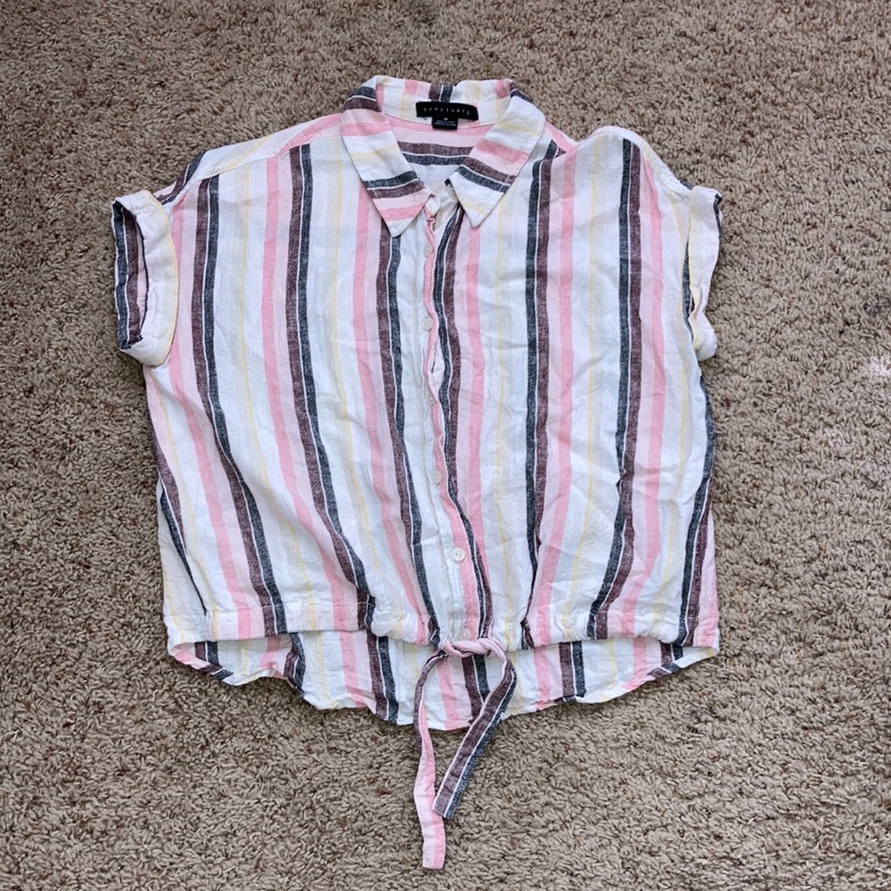 Sanctuary White Pink Black striped Tie Front Button Down Shirt size Medium